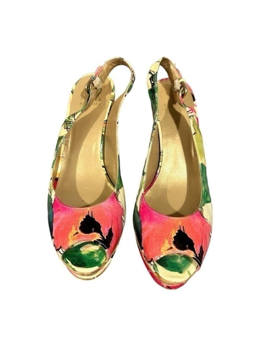 Stuart Weitzman Colorful Floral Peep Toe Wedges Cork Platform Slingback VGC 8.5 - Picture 6 of 12